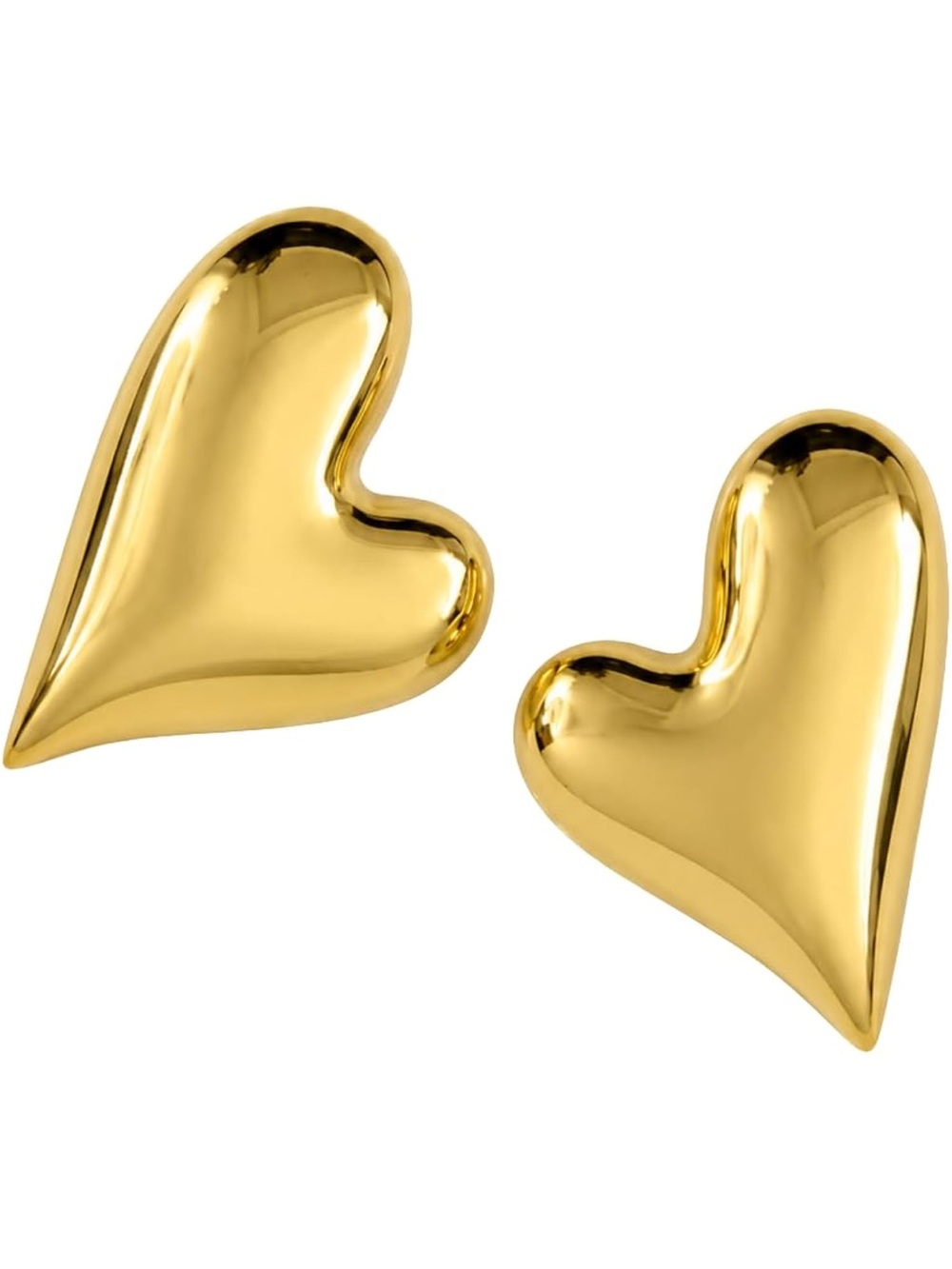 Gold Puffy Heart Stud Earrings 3D Domed Statement - Picture 3 of 5